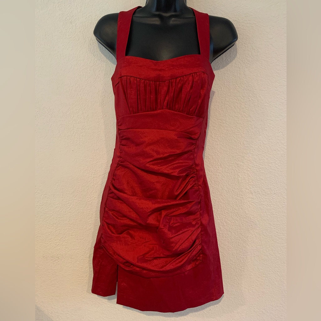 Jessica Mcclintock Dress Sz 4 True Red Taffeta Rouched Graduation Cocktail Midi